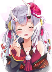 Rule 34 | 1girl, absurdres, bell, blush, collarbone, detached sleeves, fangs, hair bell, hair ornament, highres, hololive, horn ornament, horn ribbon, horns, japanese clothes, mask, mask on head, nakiri ayame, nakiri ayame (1st costume), oni, open mouth, ribbon, silver hair, smile, solo, sword, toshizou (0714), upper body, v, virtual youtuber, weapon