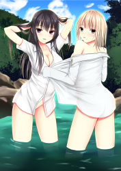Rule 34 | 2girls, arms up, ass, black hair, blonde hair, breasts, cleavage, cloud, cloudy sky, collarbone, day, dress shirt, green eyes, groin, hand in own hair, highres, kurokami (kurokaminohito), large breasts, multiple girls, open clothes, open shirt, original, parted lips, purple eyes, see-through, shirt, short sleeves, sideboob, sky, standing, wading, white shirt