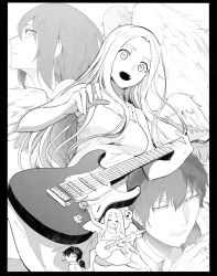 Rule 34 | 1boy, 2girls, :d, angel notes, angel wings, barefoot, blush, breasts, character request, cigarette, commentary request, dress, electric guitar, fox shadow puppet, greyscale, guitar, gun god, highres, holding, holding cigarette, instrument, long hair, looking at another, looking to the side, low ponytail, medium breasts, monochrome, multiple girls, music, musical note, open mouth, parted bangs, playing instrument, short hair, sidelocks, sleeveless, smile, sundress, syatey, type-moon, v/v, wings