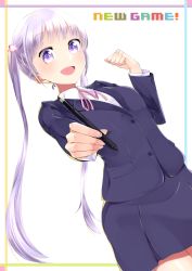 Rule 34 | 10s, 1girl, absurdres, buttons, copyright name, dutch angle, flower, formal, framed, hair flower, hair ornament, highres, jacket, long hair, long sleeves, looking at viewer, neck ribbon, new game!, nishinomiya suzu, open mouth, pen, pencil skirt, purple eyes, purple hair, ribbon, shirt, skirt, skirt suit, smile, solo, standing, suit, suzukaze aoba, twintails, very long hair, white background, white shirt