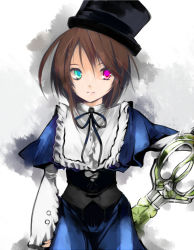 Rule 34 | 1girl, brown hair, cowboy shot, cropped legs, hat, heterochromia, long sleeves, looking away, looking to the side, ribbon, rozen maiden, short hair, solo, souseiseki