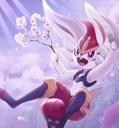 Rule 34 | :d, blurry, cherry blossoms, cinderace, commentary request, creatures (company), dango, day, falling petals, food, game freak, gen 8 pokemon, happy, highres, holding, light rays, looking up, mirukya, nintendo, open mouth, outdoors, petals, pokemon, pokemon (creature), purple eyes, sanshoku dango, smile, solo, spring (season), tongue, wagashi