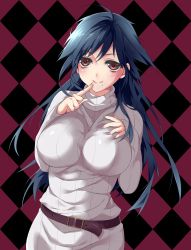 Rule 34 | 1girl, ahoge, argyle, argyle background, argyle clothes, bad id, bad pixiv id, belt, black hair, blush, breasts, finger to mouth, highres, large breasts, long hair, mole, mole under mouth, myg, original, red eyes, ribbed sweater, smile, solo, sweater