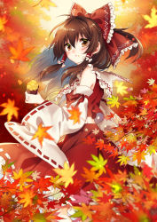 Rule 34 | 1girl, autumn, autumn leaves, blouse, blush, bow, brown eyes, brown hair, detached sleeves, food, food on face, frilled bow, frilled hair tubes, frills, from side, hair between eyes, hair bow, hair tubes, hakurei reimu, kirisita, leaf, long hair, long skirt, long sleeves, maple leaf, midriff, multicolored hair, print bow, red bow, red shirt, red skirt, ribbon-trimmed skirt, ribbon-trimmed sleeves, ribbon trim, sailor collar, shirt, silver hair, skirt, sleeveless, sleeveless shirt, solo, standing, sweet potato, touhou, two-tone hair, white sailor collar, white sleeves, wide sleeves