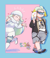 Rule 34 | 1boy, 1girl, black-framed eyewear, blowing kiss, blush, boots, border, brown jacket, closed eyes, closed mouth, collared shirt, commentary request, creatures (company), game freak, gordie (pokemon), gym leader, hand up, hat, heart, heyasamu, highres, holding, jacket, jewelry, kiss day, knees, long hair, long sleeves, melony (pokemon), mother and son, multicolored hair, necklace, nintendo, o3o, outside border, pantyhose, pantyhose under shorts, pokemon, pokemon swsh, scarf, shirt, shoes, shorts, side slit, side slit shorts, standing, standing on one leg, streaked hair, sunglasses, two-tone hair, white footwear, white headwear, white scarf, white shirt