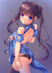 Rule 34 | 1girl, ass, backless dress, backless outfit, bare back, bare shoulders, black panties, black thighhighs, blue bow, blue dress, blue eyes, bow, brown hair, china dress, chinese clothes, clothes lift, commentary, double bun, dress, dress lift, from behind, grey background, hair bun, highres, lace, lace-trimmed panties, lace trim, lifted by self, long hair, looking at viewer, looking to the side, original, panties, parted lips, puffy short sleeves, puffy sleeves, short sleeves, single thighhigh, solo, symbol-only commentary, thighhighs, twintails, umitonakai, underwear, very long hair