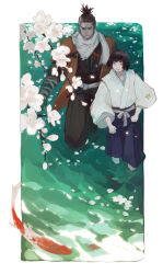 Rule 34 | 2boys, age difference, animal, black gloves, black hair, black shirt, blue pants, border, brown eyes, brown pants, coat, commentary request, fish, floral print, flower, from above, gloves, grey hair, hakama, hakama pants, hakama skirt, height difference, highres, japanese clothes, kimono, koi, kuro the divine heir, long sleeves, male focus, multicolored hair, multiple boys, orange coat, outside border, pants, pants lift, petals, petals on liquid, reflection, scarf, sekiro, sekiro: shadows die twice, shirt, short hair, skirt, topknot, vetania, wading, water, white border, white flower, white kimono, wide sleeves