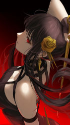 Rule 34 | 1girl, arm up, bare shoulders, black dress, black gloves, black hair, breasts, dress, earrings, fingerless gloves, flower, gloves, gradient background, hair flower, hair ornament, highres, jewelry, lancefate, looking at viewer, medium breasts, parted lips, red eyes, short hair, short hair with long locks, solo, spy x family, upper body, yor briar
