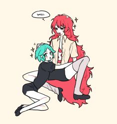 Rule 34 | 2others, androgynous, aqua eyes, aqua hair, bad id, bad twitter id, gem uniform (houseki no kuni), hand on another&#039;s head, houseki no kuni, hug, long hair, looking at another, looking at viewer, multiple others, open clothes, open shirt, padparadscha (houseki no kuni), headpat, phosphophyllite, red eyes, red hair, short hair, sitting, smile, sparkle, thighhighs, very long hair, wavy hair