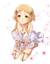 Rule 34 | 1girl, :o, ankle lace-up, bare shoulders, capelet, cross-laced footwear, detached sleeves, from above, gem, gold, green eyes, hair ornament, hair tubes, highres, long hair, looking at viewer, miniskirt, murakami yuichi, official art, open mouth, orange hair, seiza, sidelocks, sitting, skirt, solo, thigh strap, unsimulated incubator, wakatsuki saran