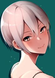Rule 34 | 1girl, amano don, bad id, bad twitter id, bare shoulders, blush, brown eyes, earrings, from side, green background, grey hair, head tilt, highres, idolmaster, idolmaster cinderella girls, jewelry, looking at viewer, neck, portrait, shiomi syuko, short hair, simple background, smile, solo, sparkle, tsurime