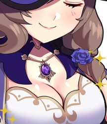 Rule 34 | 1girl, breast focus, breasts, brown hair, cleavage, close-up, closed eyes, flower, genshin impact, hair flower, hair ornament, hat, jewelry, large breasts, lisa (genshin impact), lowres, necklace, sarukaiwolf, side ponytail, smile, solo, sparkle, upper body, witch hat
