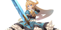 Rule 34 | 1girl, absurdres, armor, blonde hair, blue eyes, blush, charlotta (granblue fantasy), closed mouth, commentary request, crown, dress, gauntlets, granblue fantasy, hair between eyes, harvin, head tilt, highres, holding, holding sword, holding weapon, letterboxed, long hair, looking at viewer, o (rakkasei), pointy ears, simple background, smile, solo, sword, v-shaped eyebrows, very long hair, waving, weapon, white background