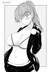 Rule 34 | 1girl, bikini, blush, breasts, closed mouth, greyscale, jacket, kichihachi, large breasts, long sleeves, looking at viewer, medium hair, monochrome, original, ponytail, solo, swimsuit, twitter username