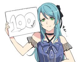 Rule 34 | 1girl, aqua hair, bang dream!, bare shoulders, black ribbon, blue bow, blue bowtie, blue dress, bow, bowtie, closed mouth, commentary request, detached sleeves, dress, green eyes, hair between eyes, hair ribbon, hikawa sayo, holding, holding sign, idol, idol clothes, long hair, looking at viewer, ribbon, see-through, see-through sleeves, sen&#039;yuu yuuji, sidelocks, sign, simple background, sleeveless, sleeveless dress, solo, translation request, upper body, white background
