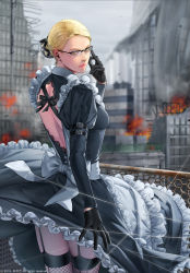 Rule 34 | 1girl, adjusting eyewear, apron, arm belt, backless outfit, black-framed eyewear, black dress, black gloves, blonde hair, blurry, blurry background, breasts, building, chain-link fence, claire agnes, cowboy shot, dress, fantasy, fence, fire, fishnet thighhighs, fishnets, frills, garter straps, gloves, hair bun, hand up, highres, jdori, looking at viewer, maid, maid apron, medium breasts, official art, short hair, single hair bun, solo, tamsig-ui jaelim, the second coming of gluttony, thighhighs, thread, watermark
