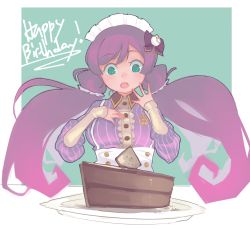 Rule 34 | 1girl, 2019, alternate hairstyle, apron, artist name, artist request, bare shoulders, blush, braid, breasts, cake, chocolate cake, cleavage, clenched hands, collarbone, female focus, floral print, food, green eyes, hand on chest, highres, long hair, looking at viewer, love live!, love live! school idol festival, love live! school idol project, medium breasts, plate, purple hair, single braid, sleeves past wrists, solo, tojo nozomi, twintails