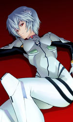 Rule 34 | 1girl, asaki takayuki, ayanami rei, blue hair, bodysuit, breasts, expressionless, from above, gloves, gradient background, hair between eyes, hair ornament, half-closed eyes, interface headset, looking at viewer, lying, neon genesis evangelion, on back, outstretched arm, perky breasts, pilot suit, plugsuit, red background, red eyes, shadow, short hair, skinny, small breasts, solo, turtleneck