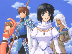 Rule 34 | 1990s (style), 1boy, 3girls, :d, ^ ^, adjusting hair, armor, arms up, atelier (series), atelier elie, bandages, bare shoulders, belt, black gloves, black hair, black legwear, blush, bob cut, bracelet, brown hair, cape, cleavage cutout, closed eyes, clothing cutout, cloud, dagllas mcrain, dark skin, day, dress, elbow gloves, elfir traum, fantasy, fingerless gloves, forehead jewel, gloves, green eyes, gust, hand on own hip, happy, hat, jewelry, long hair, long skirt, millcassee frobel, multiple girls, necklace, nun, official art, official wallpaper, open mouth, orange dress, orange hat, orange shirt, outdoors, pantyhose, parted bangs, pendant, profile, retro artstyle, ribbon, ring, romauge bremer, shirt, short hair, side slit, skirt, sky, smile, spiked hair, staff, stretching, turtleneck, upper body, weapon, white dress, wide sleeves, yamagata isaemon