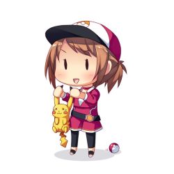 Rule 34 | 0 0, 1girl, :3, baseball cap, batsubyou, brown hair, commentary request, cosplay, creatures (company), error musume, female protagonist (pokemon go), full body, game freak, gen 1 pokemon, girl holding a cat (kancolle), hat, kantai collection, masaki kei, nintendo, open mouth, parody, pikachu, pikachu (cosplay), poke ball, pokemon, pokemon go, ponytail, simple background, standing, white background