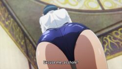 Rule 34 | 1girl, animated, anime screenshot, ass, ass focus, blue one-piece swimsuit, demon girl, from below, highres, huge ass, long sleeves, lv1 maou to one room yuusha, maou (lv1 maou to one room yuusha), one-piece swimsuit, pointy ears, screencap, shirt, shirt under swimsuit, sound, swimsuit, thighs, video, white shirt, zenia (lv1 maou to one room yuusha)