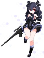 Rule 34 | 1girl, bare shoulders, black hair, blush, elbow gloves, female focus, full body, gloves, hair ornament, highres, holding, holding weapon, karukan (monjya), large weapon, long hair, looking at viewer, neptune (series), red eyes, skirt, solo, twintails, uni (neptunia), upskirt, weapon, white background