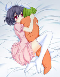 Rule 34 | 1girl, animal ears, black hair, blush, carrot, colorized, female focus, hug, inaba tewi, itou nanami, lying, noumin, hugging object, pillow, pillow hug, puffy sleeves, rabbit ears, red eyes, short hair, short sleeves, solo, thighhighs, touhou, white thighhighs
