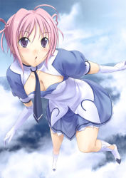 Rule 34 | 00s, 1girl, :o, ascoeur, bad id, bad pixiv id, blue skirt, blush, breasts, cleavage, cloud, day, elbow gloves, flying, gloves, kiddy girl-and, kiddy grade, large breasts, necktie, pink hair, purple eyes, short hair, skirt, sky, solo, tenkuu nozora