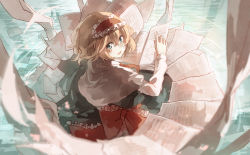 Rule 34 | 1girl, alice margatroid, asuka (louyun), blonde hair, blue eyes, book, bow, dress, frills, from above, from behind, hairband, looking at viewer, paper, papers, short hair, solo, touhou, water
