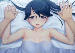 Rule 34 | 1girl, bare shoulders, bed sheet, blue eyes, blue hair, blush, breasts, collarbone, commentary request, holding hands, houshou (kancolle), kantai collection, long hair, looking at viewer, lying, medium breasts, n haduki, on back, on bed, open mouth, pinned, ponytail, pov, solo focus, swept bangs