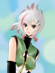 Rule 34 | 1girl, bare shoulders, breasts, brown eyes, cloud, elbow gloves, fourier (tales), gloves, hair ornament, hairpin, multicolored hair, ponytail, short hair, sky, tales of (series), tales of graces