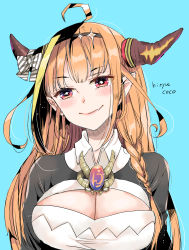 Rule 34 | 1girl, absurdres, ahoge, aqua background, black jacket, blonde hair, blush, bow, braid, breasts, brooch, center opening, character name, cleavage, closed mouth, collared shirt, commentary, diagonal-striped bow, dragon horns, dress shirt, fang, hairband, head tilt, highres, hololive, horn bow, horn ornament, horns, jacket, jewelry, kiryu coco, kiryu coco (1st costume), large breasts, lips, long hair, looking at viewer, mito (go!go!king!), multicolored hair, orange hair, pointy ears, red eyes, shirt, side braid, simple background, smile, solo, streaked hair, striped, two-tone hair, upper body, virtual youtuber, white shirt