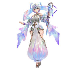 Rule 34 | 1girl, ahoge, aqua hair, bare shoulders, breasts, fire emblem, fire emblem heroes, floating, floating object, full body, gradient clothes, green hair, highres, holding, holding staff, jewelry, large breasts, multicolored eyes, multicolored hair, nintendo, official art, open pants, pants, puffy pants, purple hair, seidr (fire emblem), short hair, simple background, skindentation, smile, solo, staff, standing, thick thighs, thigh strap, thighs, tight clothes, white background, yoshiku (oden-usagi)