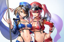 Rule 34 | 2girls, :p, alternate color, alternate costume, arm around waist, azur lane, baltimore (azur lane), baltimore (azur lane) (cosplay), baltimore (finish line flagbearer) (azur lane), black choker, black gloves, blue background, blue headwear, blue jacket, breasts, bremerton (azur lane), brown hair, choker, cleavage, collarbone, commentary request, cosplay, flag, gloves, gradient background, hat, highleg, highleg panties, highres, holding, iitsumonemu, jacket, long hair, long sleeves, looking at viewer, multiple girls, navel, official alternate costume, open clothes, open jacket, panties, purple eyes, red hair, red headwear, sidelocks, smile, stomach, tongue, tongue out, twintails, underboob, underwear, upper body, yellow eyes