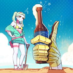 Rule 34 | 1boy, 1girl, artificial eye, beach, beer bottle, bikini, blue sky, breasts, buried alive, cloud, colored sclera, colored skin, commentary, condensation, cyberpunk (series), cyberpunk edgerunners, english commentary, foam, green hair, hand on own hip, highres, jacket, jacket partially removed, leg tattoo, mechanical eye, mechanical hands, neck tattoo, notice lines, open clothes, open jacket, outdoors, petite, pilar (cyberpunk), pink footwear, pink tattoo, polka dot, polka dot background, rebecca (cyberpunk), red pupils, red sclera, sawasa, shovel, siblings, sky, small breasts, sparkle, stomach tattoo, sweat, swimsuit, tattoo, thumbs up, twintails, white skin, yellow bikini