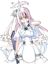 Rule 34 | 1girl, angel wings, bleeding, blood, blue archive, capelet, commentary request, dress, flower, gun, hair bun, hair flower, hair ornament, halo, hatsukaze33, holding, holding gun, holding weapon, lanchester smg, long hair, low wings, mika (blue archive), pink hair, scrunchie, single hair bun, solo, submachine gun, tears, weapon, white capelet, white dress, white wings, wings, wiping face, wrist scrunchie, yellow eyes