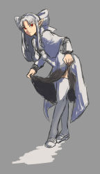 Rule 34 | 00s, 1girl, :&lt;, alternate legwear, bad id, bad tumblr id, bow, capelet, coat, crossed legs, curtsey, flat chest, flats, grey background, hair bow, highres, leaning forward, long hair, melty blood, pointy ears, red eyes, red seiryu, revision, solo, thighhighs, tsukihime, watson cross, white hair, white len (tsukihime), white thighhighs