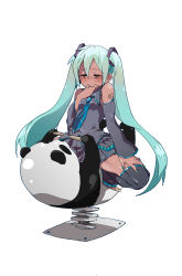 Rule 34 | 1girl, aqua eyes, bare shoulders, blush, boots, dark-skinned female, dark skin, detached sleeves, hand to own mouth, hatsune miku, highres, koi (nisikicoi), long hair, panda, sexually suggestive, simple background, skirt, solo, spread legs, thigh boots, thighhighs, twintails, very long hair, vocaloid, white background