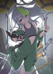 Rule 34 | 1girl, bare shoulders, bird, commentary request, crop top, flat chest, green eyes, green hair, grey hair, grin, hair between eyes, highres, international space station, jumpsuit, long hair, midriff, miyao ryuu, multicolored hair, original, penguin, smile, solo, tank top, two-tone hair, wrench, wristband, zero gravity