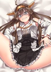 Rule 34 | 1girl, ahoge, bare shoulders, bed sheet, breasts, brown hair, constricted pupils, crying, crying with eyes open, detached sleeves, double bun, hair bun, hairband, headgear, jack dempa, japanese clothes, kantai collection, kongou (kancolle), kongou kai ni (kancolle), long hair, looking at viewer, no panties, nontraditional miko, open mouth, scared, shaded face, sidelocks, skirt, solo, spread legs, sweat, tears, thighhighs, thighs