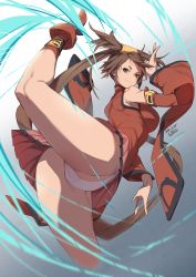 Rule 34 | 1girl, absurdres, ankle boots, boots, breasts, brown eyes, brown hair, china dress, chinese clothes, closed mouth, commentary request, dress, gradient background, guilty gear, hair ornament, highres, kuma (jk0073), kuradoberi jam, leg up, long hair, looking at viewer, looking back, medium breasts, panties, pleated skirt, red dress, red footwear, short dress, signature, simple background, skirt, smile, solo, underwear, white panties, wide sleeves
