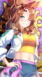 Rule 34 | 1girl, animal ears, belt, blue eyes, blue skirt, brown hair, caffeinechara, commentary request, crop top, graffiti, grin, hair between eyes, hand on own hip, highres, horse ears, jacket, long sleeves, looking at viewer, mejiro palmer (umamusume), midriff, multicolored hair, navel, one eye closed, open clothes, open jacket, purple belt, shirt, skirt, smile, solo, stomach, streaked hair, umamusume, upper body, white hair, white jacket, yellow shirt