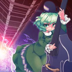 Rule 34 | 1girl, arm up, double bass, dress, ghost tail, glowing, green dress, green eyes, green hair, hat, highres, ini (inunabe00), ini phm, instrument, long sleeves, looking at viewer, matching hair/eyes, playing instrument, short hair, smile, soga no tojiko, solo, tate eboshi, touhou, divine spirit mausoleum