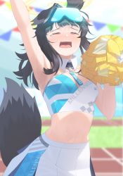 Rule 34 | 1girl, absurdres, animal ears, bare shoulders, bintz, black hair, blue archive, blue sky, breasts, cheerleader, cleavage, closed eyes, cloud, confetti, day, dog ears, dog girl, dog tail, embarrassed, eyewear on head, gloves, goggles, goggles on head, grass, halo, hibiki (blue archive), hibiki (cheer squad) (blue archive), highres, holding, holding pom poms, long hair, looking at viewer, medium breasts, midriff, millennium cheerleader outfit (blue archive), miniskirt, navel, official alternate costume, outdoors, parted lips, pom pom (cheerleading), pom poms, ponytail, skirt, sky, solo, standing, sticker on face, stomach, sweat, tail, thighs, white gloves, white skirt