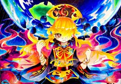 Rule 34 | 1girl, blonde hair, bracelet, chinese clothes, clenched hand, hair over one eye, hat, highres, ix6 vo, jewelry, junko (touhou), long hair, looking at viewer, nail polish, red eyes, red nails, ribbon, solo, tabard, touhou, traditional media, wide sleeves, yellow hat, yellow ribbon