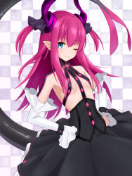 Rule 34 | 1girl, black dress, blue eyes, blush, breasts, curled horns, detached sleeves, dragon girl, dragon horns, dress, elizabeth bathory (fate), elizabeth bathory (fate/extra ccc), elizabeth bathory (first ascension) (fate), fate/extra, fate/extra ccc, fate/grand order, fate (series), hair between eyes, horns, long hair, long sleeves, looking at viewer, mito engine, one eye closed, pointy ears, ponytail, purple hair, sidelocks, small breasts, smile, solo, very long hair, white sleeves
