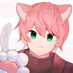 Rule 34 | 1boy, animal ears, animal hands, brown jacket, cat ears, cat paws, cat tail, commentary, green eyes, highres, jacket, kemonomimi mode, knight a, male focus, pink hair, portrait, solo, tail, teruto (utaite), turtleneck, uiidda, utaite, wavy mouth
