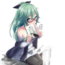Rule 34 | 10s, 1girl, 2016, alternate costume, aqua eyes, bad id, bad pixiv id, bare shoulders, bespectacled, black-framed eyewear, black pantyhose, black ribbon, blush, book, breasts, casual, cat, collarbone, covered mouth, covering own mouth, dated, embarrassed, fringe trim, glasses, green hair, hair between eyes, hair ornament, hair ribbon, hairclip, heart, holding, holding book, kantai collection, long hair, long sleeves, looking at viewer, medium breasts, nekobaka, off-shoulder, off-shoulder sweater, off shoulder, pantyhose, pornography, ribbed sweater, ribbon, shawl, signature, sitting, solo, sweater, twitter username, white background, white sweater, yamakaze (kancolle)