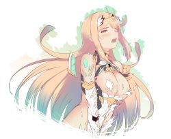 Rule 34 | 1girl, bare shoulders, blonde hair, blush, bouncing breasts, breasts, cat with a brush, cropped torso, exploding clothes, from below, gem, large breasts, long hair, mythra (xenoblade), open mouth, solo, sweat, swept bangs, tiara, torn clothes, upper body, v-shaped eyebrows, xenoblade chronicles (series), xenoblade chronicles 2