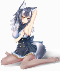 Rule 34 | 1girl, absurdres, animal ears, arm behind head, armpits, arms behind head, arms up, black hair, black legwear, blue eyes, blush, breasts, grey wolf (kemono friends), heterochromia, highres, kemono friends, large breasts, long hair, looking at viewer, multicolored hair, sideboob, simple background, sitting, solo, tail, two-tone hair, white background, white hair, wolf ears, wolf girl, wolf tail, yellow eyes, yeo arin